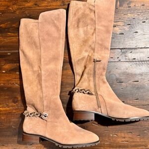 Karl Lagerfeld-Stylish Tan Over the Knee Leather Boots with Chain Accent